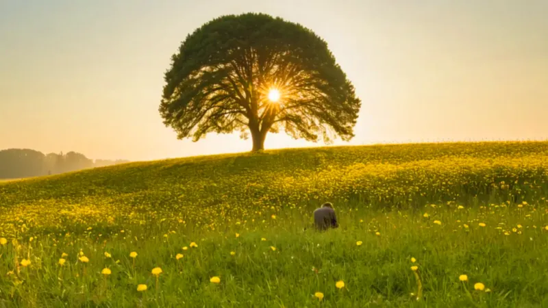 Figura arrodillada en un prado al atardecer