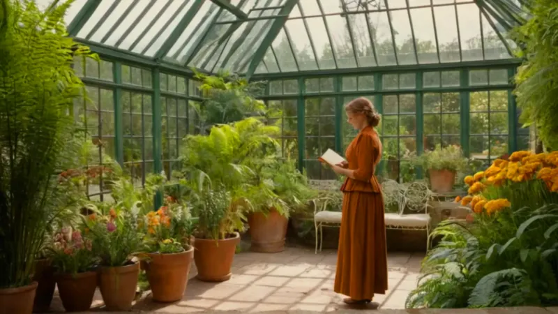 Una mujer observa flores en un invernadero