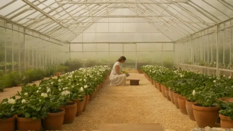 Persona cuida plantas dentro del invernadero