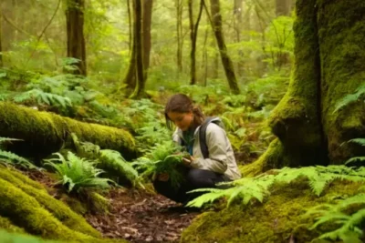 Una figura contempla la flora del bosque