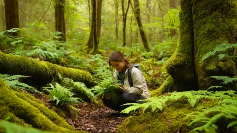 Una figura contempla la flora del bosque