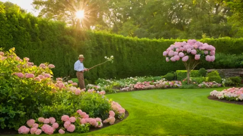 Jardinero podando una enorme hortensia