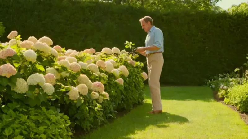 Una persona poda una hortensia en el jardín