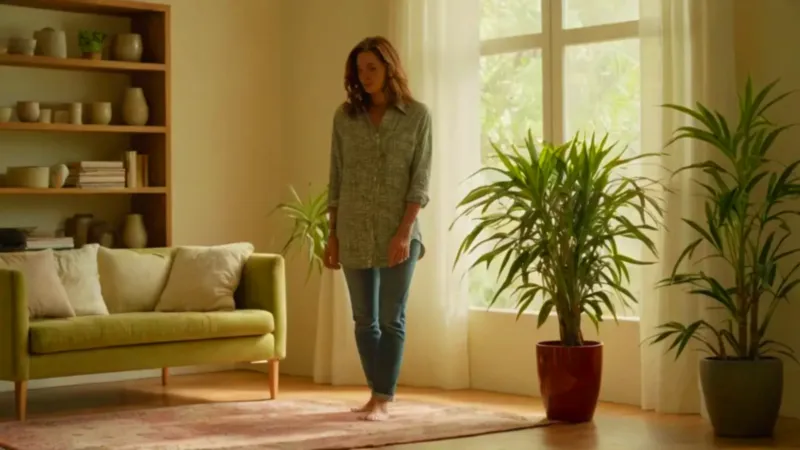 Mujer cuida su planta en un salón
