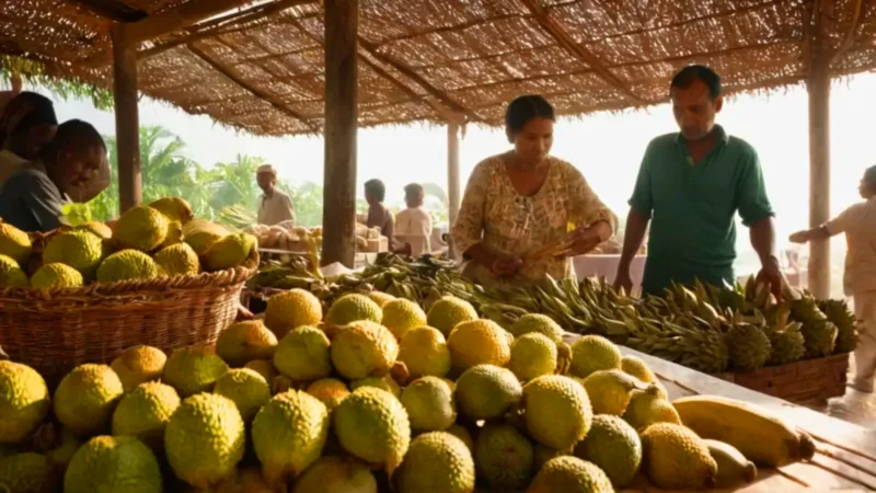 Vendedor parte un durián en el mercado