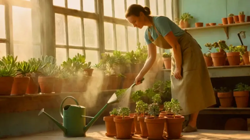 Una figura cuida plantas en un invernadero