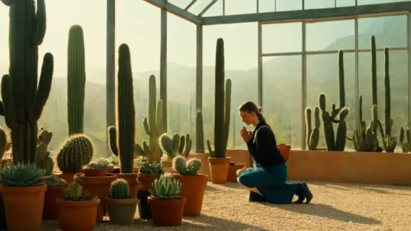 Alguien cuida un cactus en un invernadero