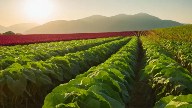 Una figura cosecha amaranto en el atardecer