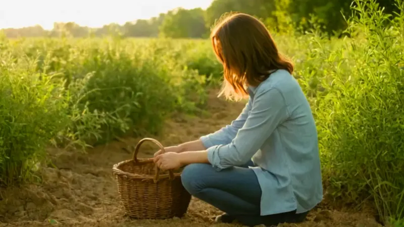 Persona cosechando en un campo al atardecer