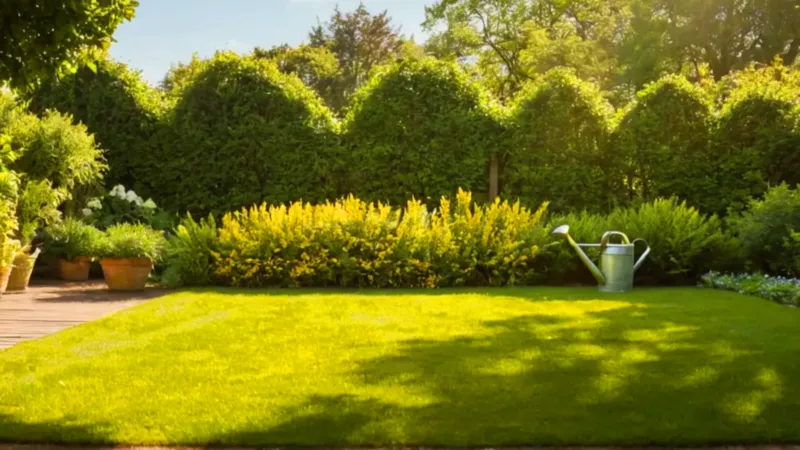 Una persona riega el jardín al atardecer