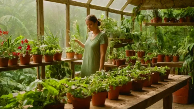 Persona rocía plantas en un invernadero
