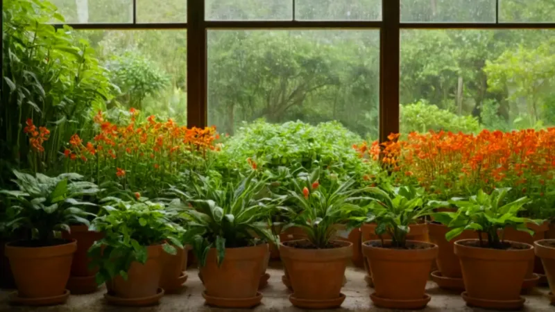 Un jardinero riega plantas en un invernadero