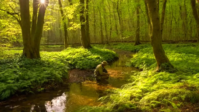 Alguien examina un arroyo en el bosque