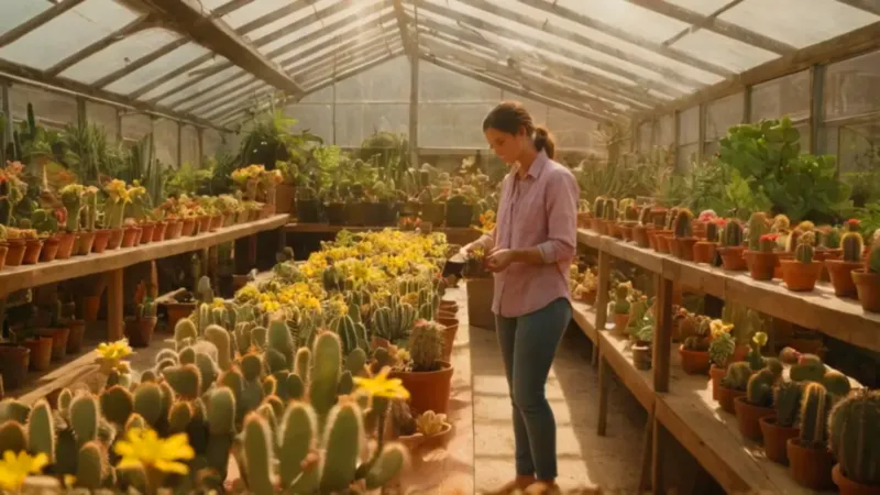 Una persona cuida plantas en un invernadero