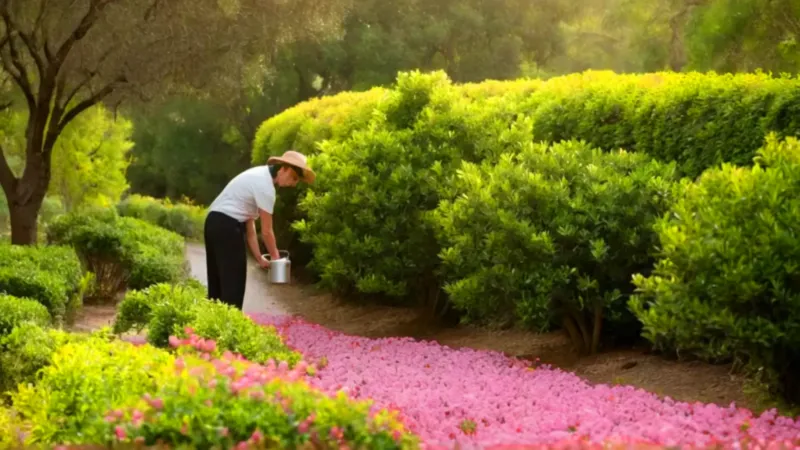 Persona riega un seto con flores