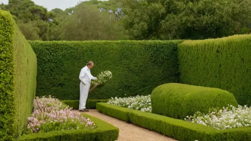 Jardinero podando un seto en el jardín