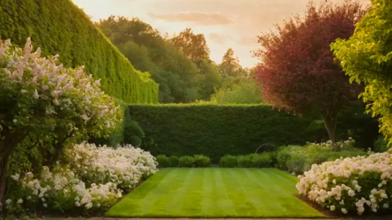 Un jardinero poda el seto al atardecer