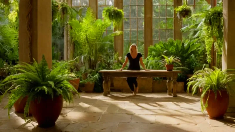 Mujer cuida una planta en el invernadero