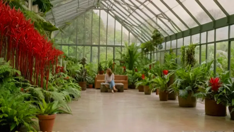 Una mujer observa plantas en un invernadero