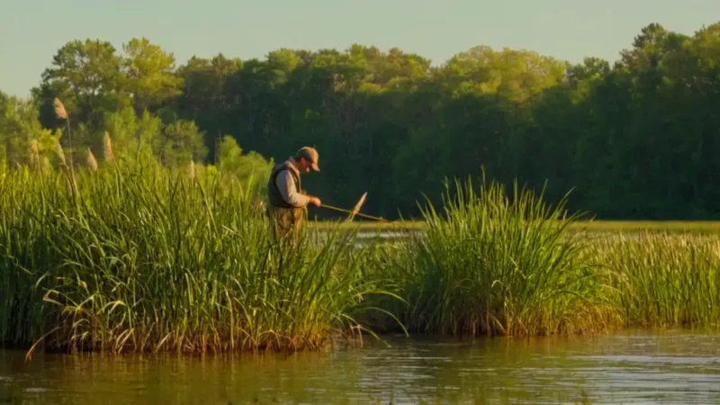 Una figura trabaja sola en el humedal