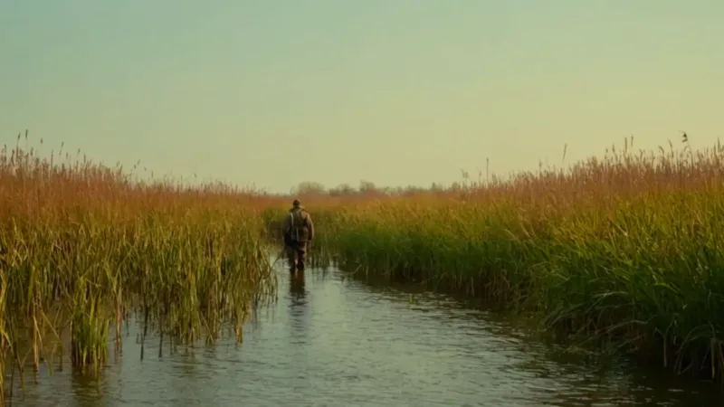 Un hombre trabaja solo en el pantano