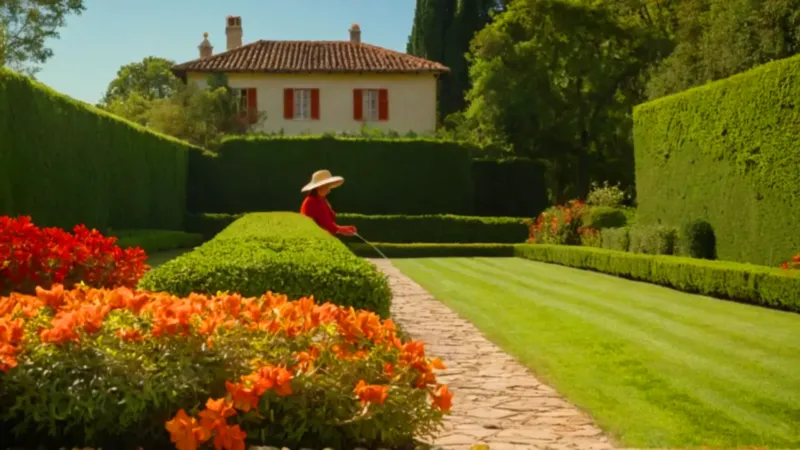 Jardinero poda un seto bajo el sol