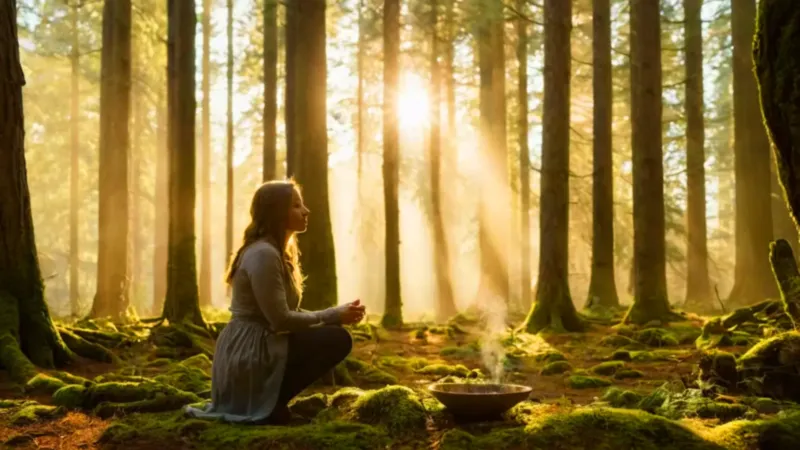 Mujer ofrece humo en un bosque dorado
