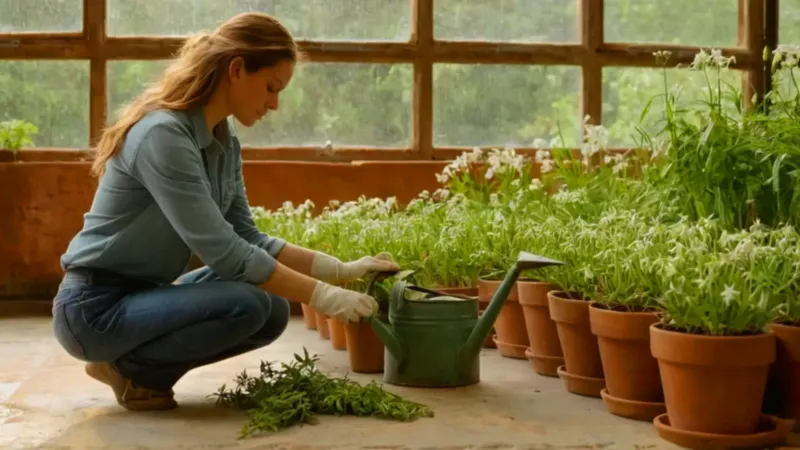 Una mujer cuida flores en un invernadero