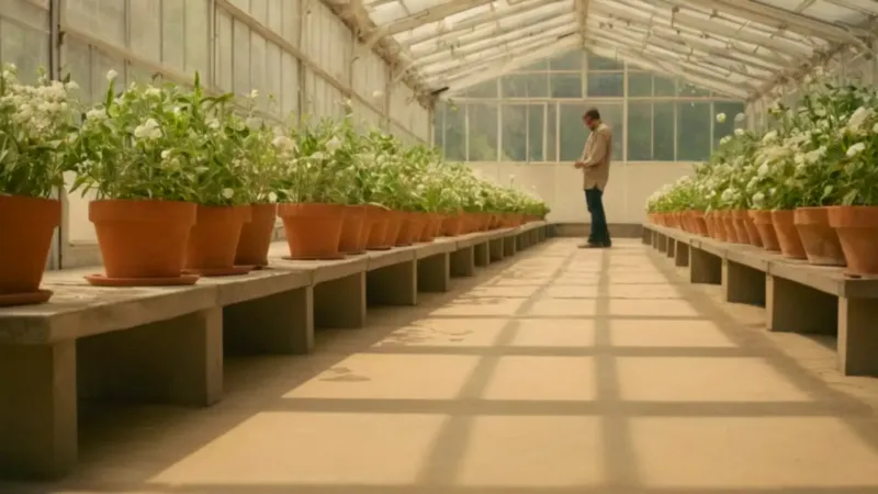 Persona entre flores en un invernadero luminoso