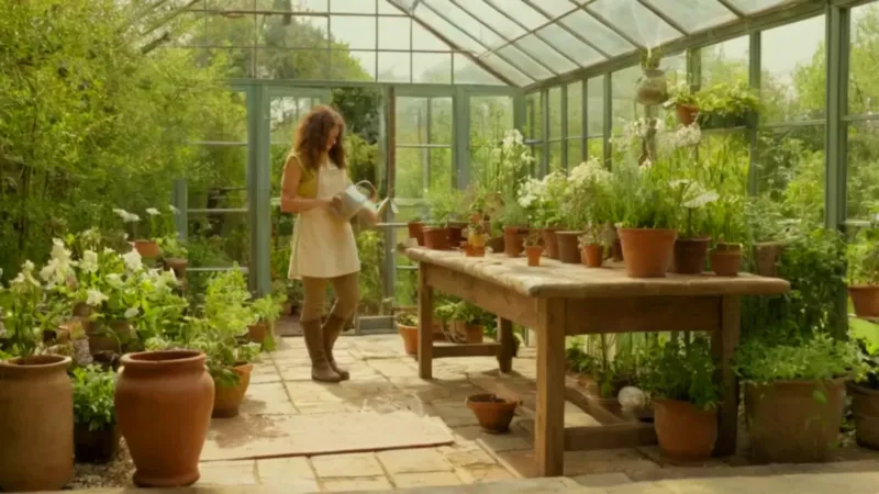Mujer regando plantas dentro de un invernadero
