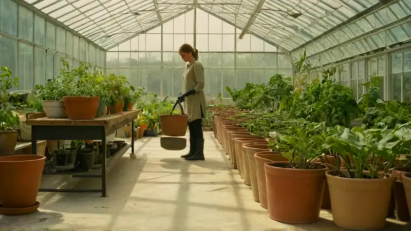 Alguien cuida una planta en un invernadero