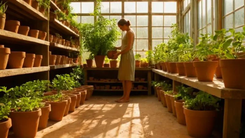 Jardinero concentrado cuida su planta en invernadero