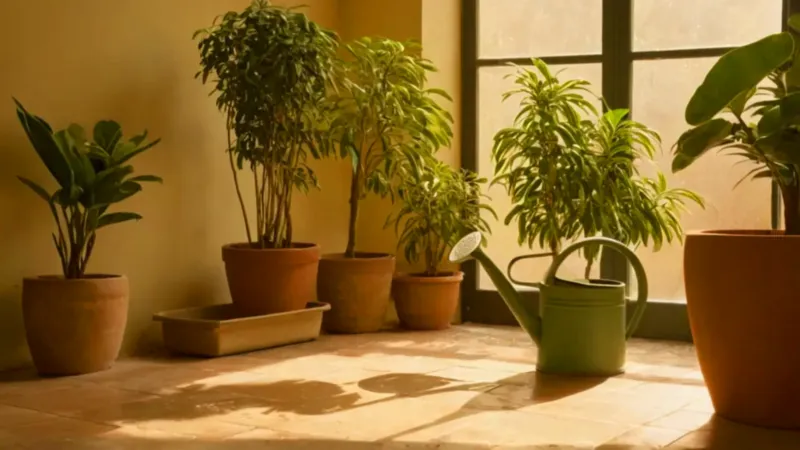 Alguien riega plantas a la luz