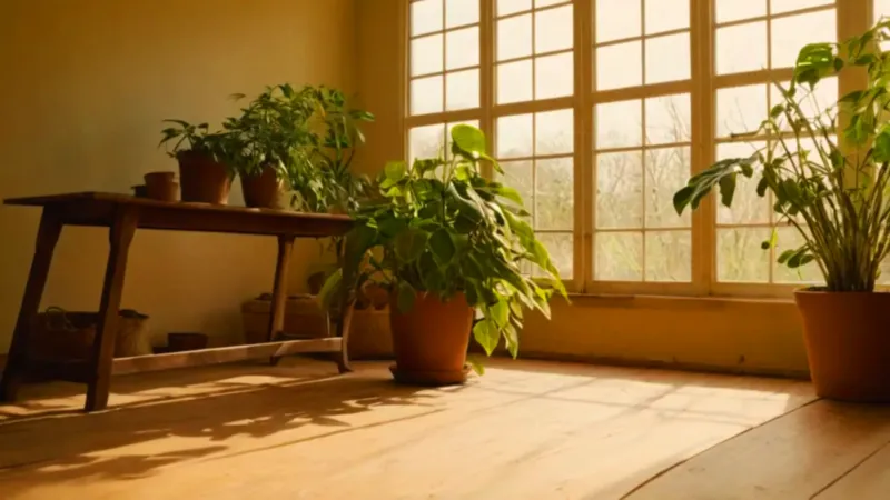 Cuidando una planta junto a la ventana