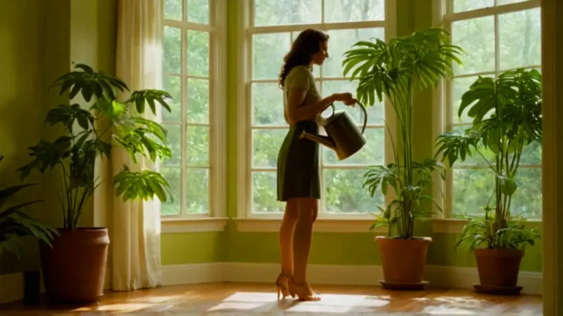 Mujer regando una planta bajo la luz