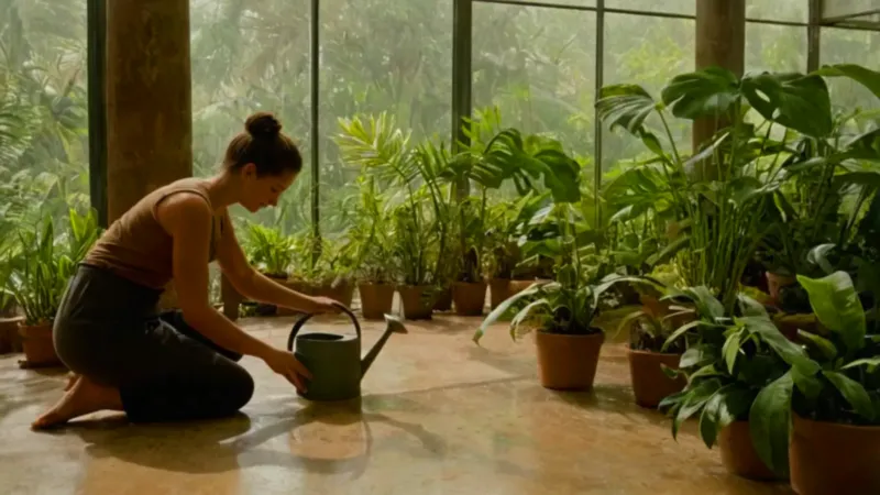 Alguien cuida una planta en un invernadero