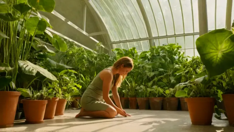 Una figura cuida una planta en un invernadero