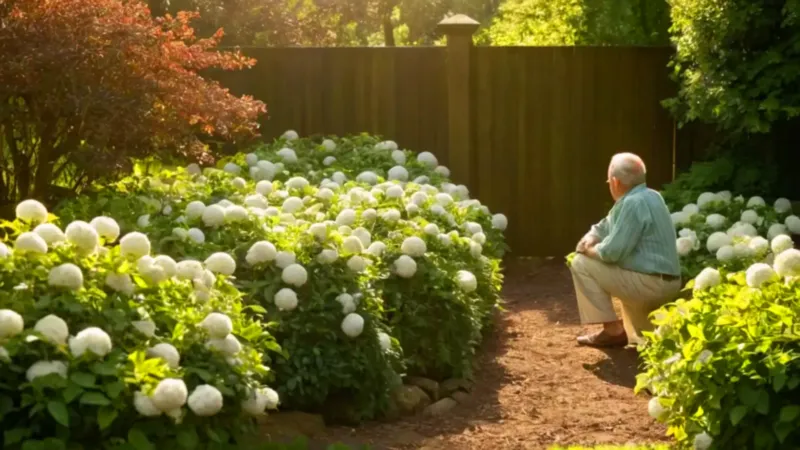 Un jardinero cuida un gran arbusto florido