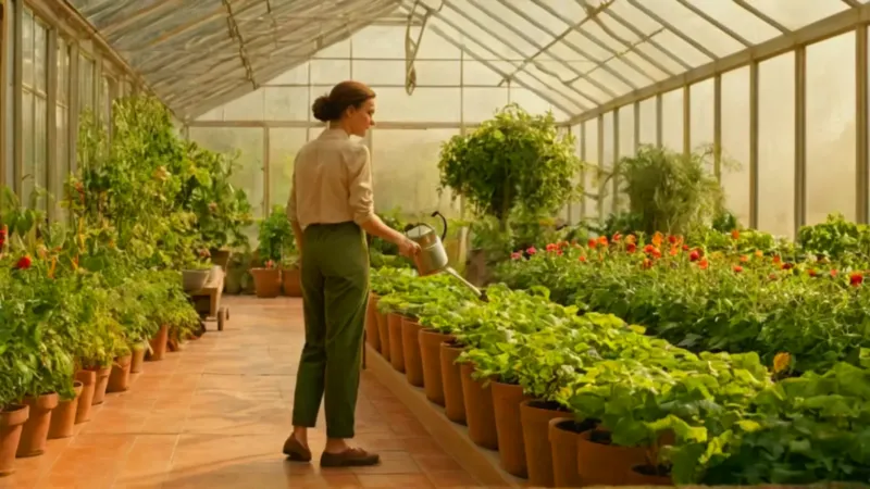 Jardinero regando plantas en un invernadero