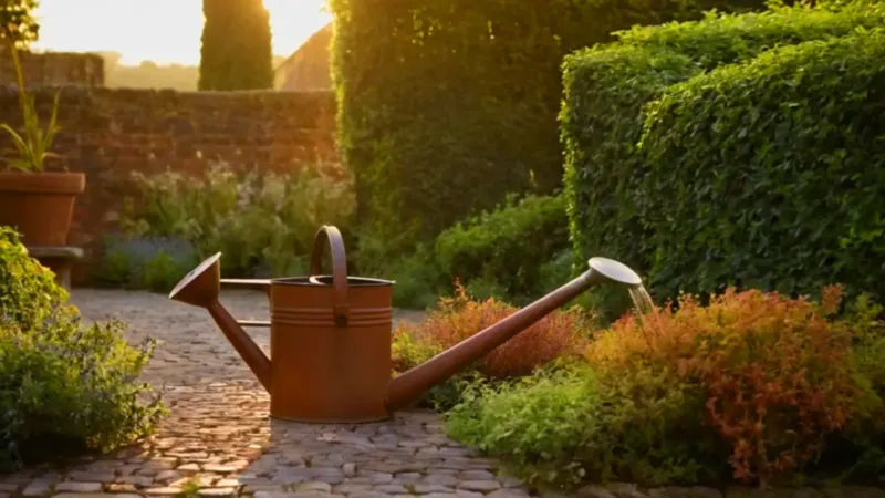 Una persona riega el jardín al atardecer