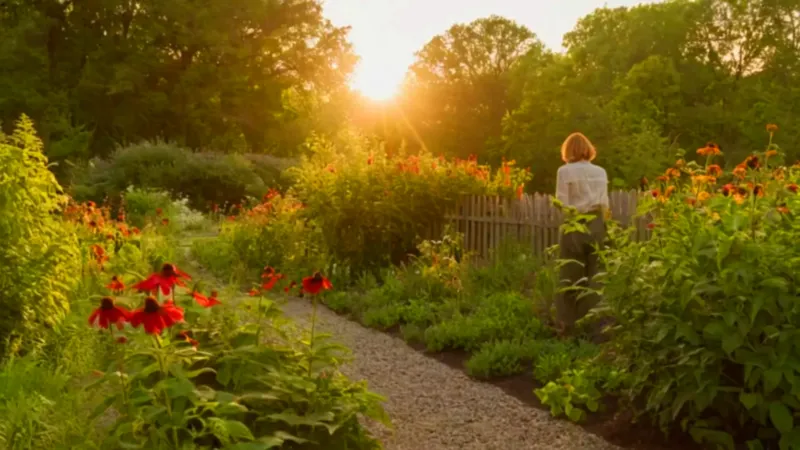 Mujer cuidando su jardín al atardecer