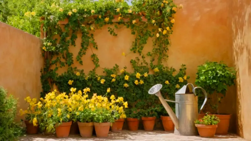 Cuidando flores en un patio soleado