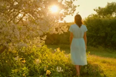 Mujer contempla un árbol en flor