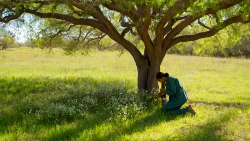 Una persona cuida un pequeño árbol florido