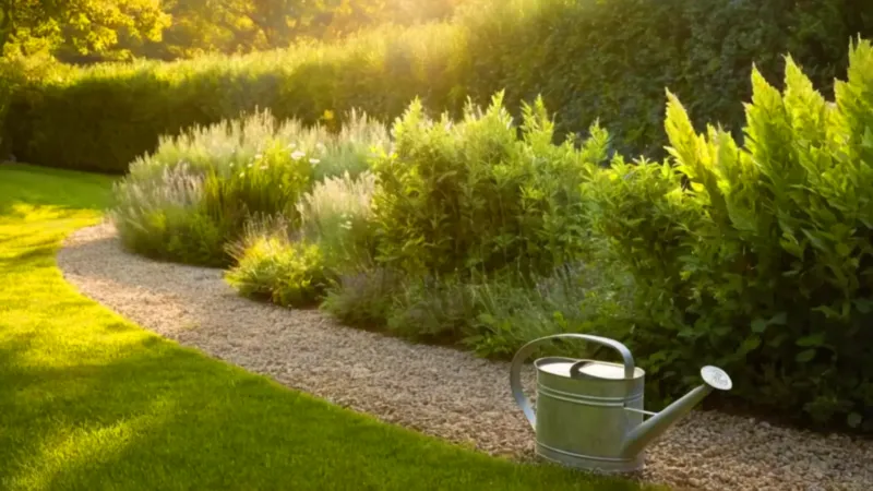 Un jardinero riega plantas al atardecer