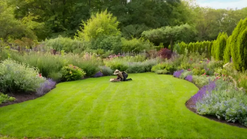 Una persona cuida el jardín soleado