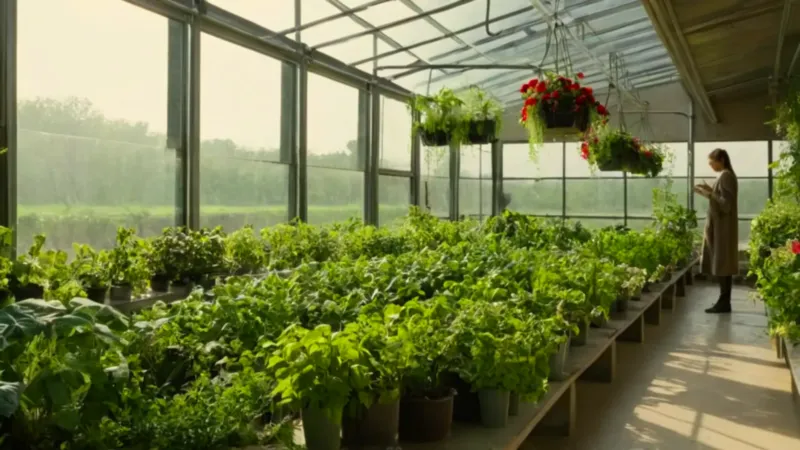 Una persona cuida plantas en un invernadero