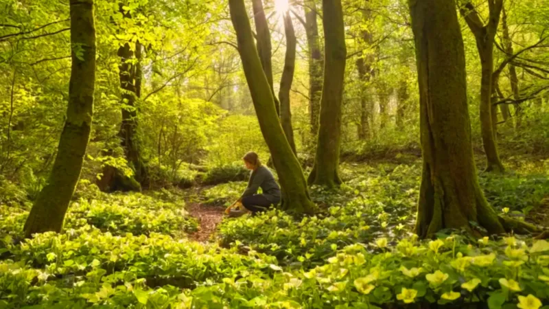Un jardinero cuida flores en el bosque