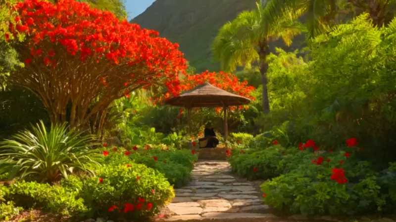 Una figura cuida un jardín exuberante
