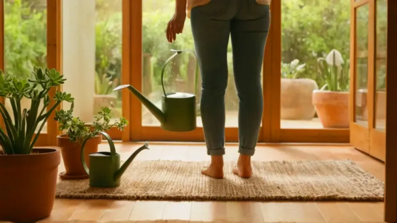 Mujer riega una planta al sol
